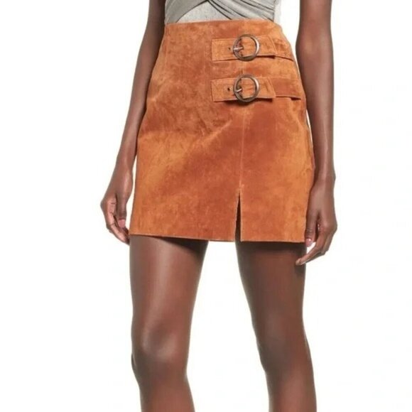 BlankNYC Suede Leather Mini Skirt Double Buckle Detail Back Zipper Women 26 - Picture 2 of 16